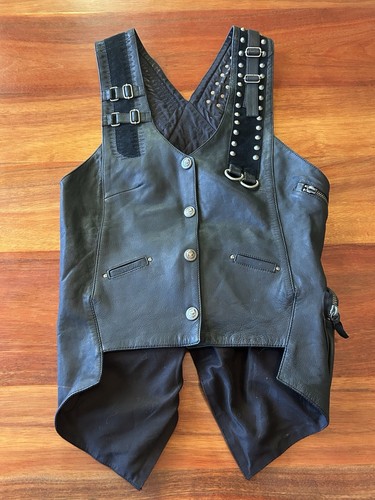 Gilet cuir noir vintage mode psylo taille 1 crânes lacets punk gothique année 2000 rave