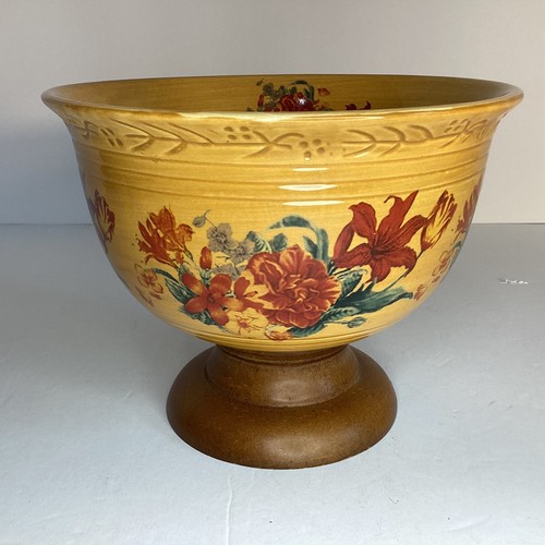 Vtg Wood Pedestal Porcelain Bowl Floral Farmhouse Decor Yellow Red - Picture 3 of 6