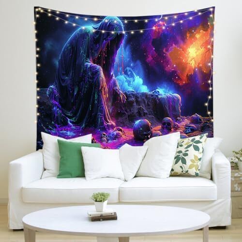 UV Reactive Blacklight Skull Sun Moon Gothic Skeleton Witchy Hippie Tapestry for - Picture 11 of 14