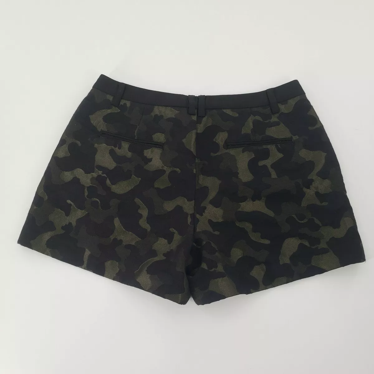 Cartonnier Camo Green Black Print Shimmer Pleated Tailored Shorts Pockets Size 8
