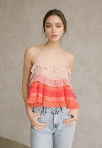 Coral Ombre Tiered Ruffle Tank Top Adjustable Straps Vici Storia - Picture 4 of 6