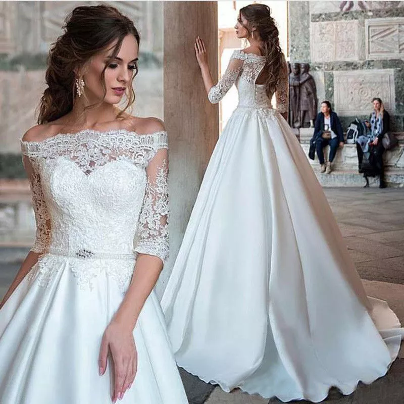 Off-Shoulder Wedding Dress Satin Bridal Gown with Sleeves | eBay