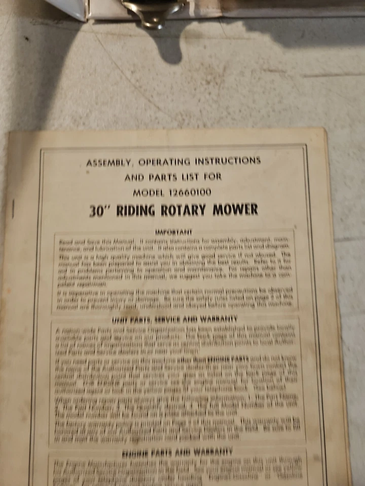 AMF 30" RIDING ROTARY MOWER ASSEMBLY OPERATING PARTS LIST MODEL 12660100 - Image 2 of 4