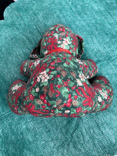 Christmas BUNNY Green Red Ribbon Bows & Holly Print Ribbon Tie Pine Cone Vintage - Picture 8 of 9