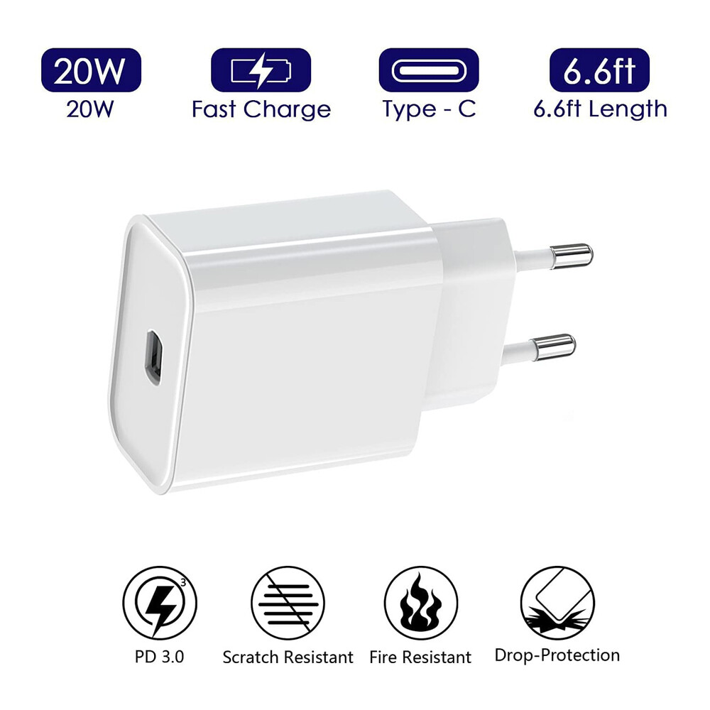 Cargador adaptador de corriente 20W de carga rápida smartphone USB-C iPhone