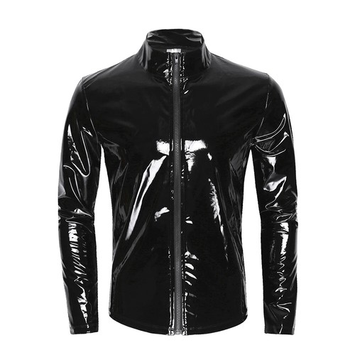 Men Moto Zipper Jacket Tops Glossy PVC Leather Jacket Outdoor Golf Coat Costumes