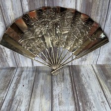 VTG 11" Solid Brass Oriental Style Hand Fan Raised Phoenix Dragon Wall Decor