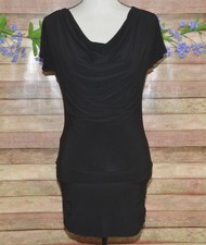 WHBM Stretch Bodycon Little Black Dress XS Cowl Neck Short Sleeves Ruched Sexy