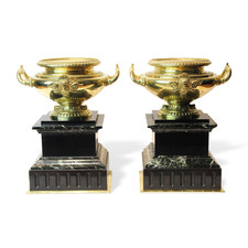 Pair Louis XVI Style Brass Urns Marble Base 19th C French Neoclassical