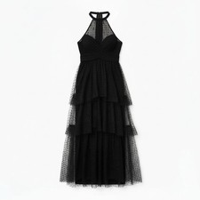 NWT Lulus M Black Floral Sheer Halter Tiered Tea Length Dress Lined Elegant