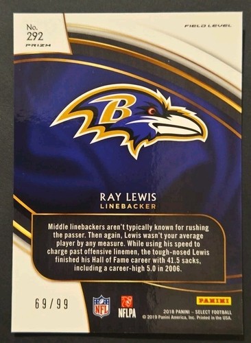 2018 Panini Select /99 Field Level Tri-Color Prizm Ray Lewis #292 Ravens - Picture 2 of 2