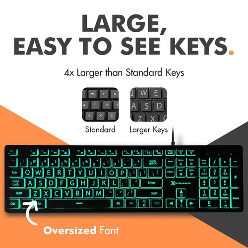 X9 Large Print Backlit Keyboard Wired, Easy-to-See Light Up Keys for Seniors,... - Picture 2 of 9