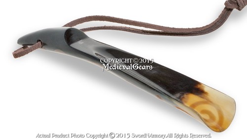 8.5" Genuine Cow Horn Polished Shoe Horn Hand Made Burnt Pattern Leather Strap - Picture 2 of 3