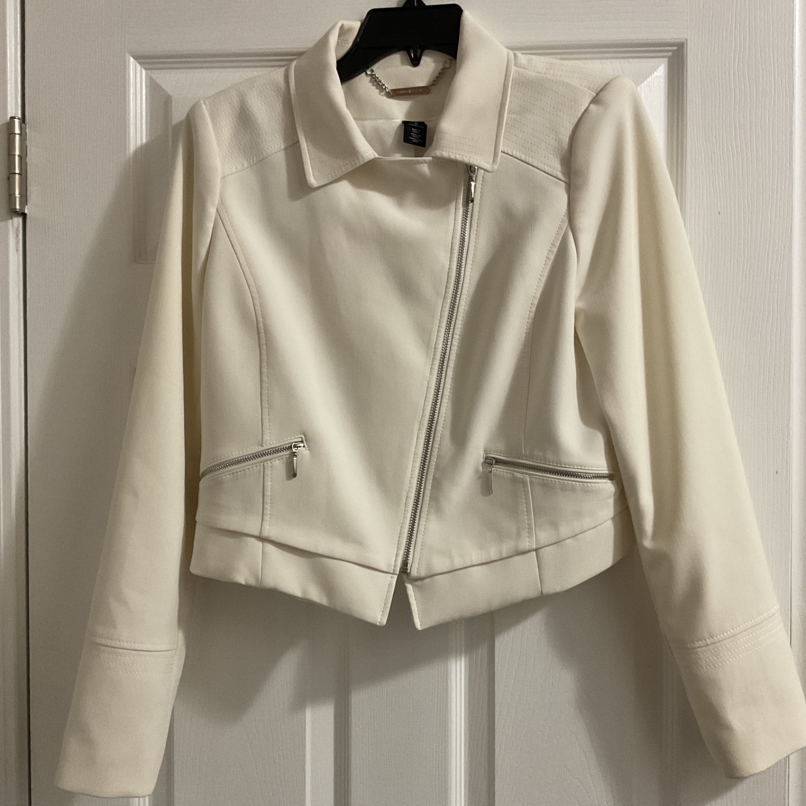 Womens Moto Jacket,White House Black Market,Zipper Pockets,Cream,10