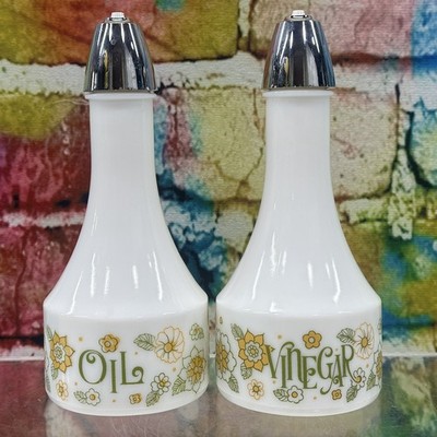 Vintage Gemco White Milk Glass Oil and Vinegar Dispenser Retro Floral Flower USA