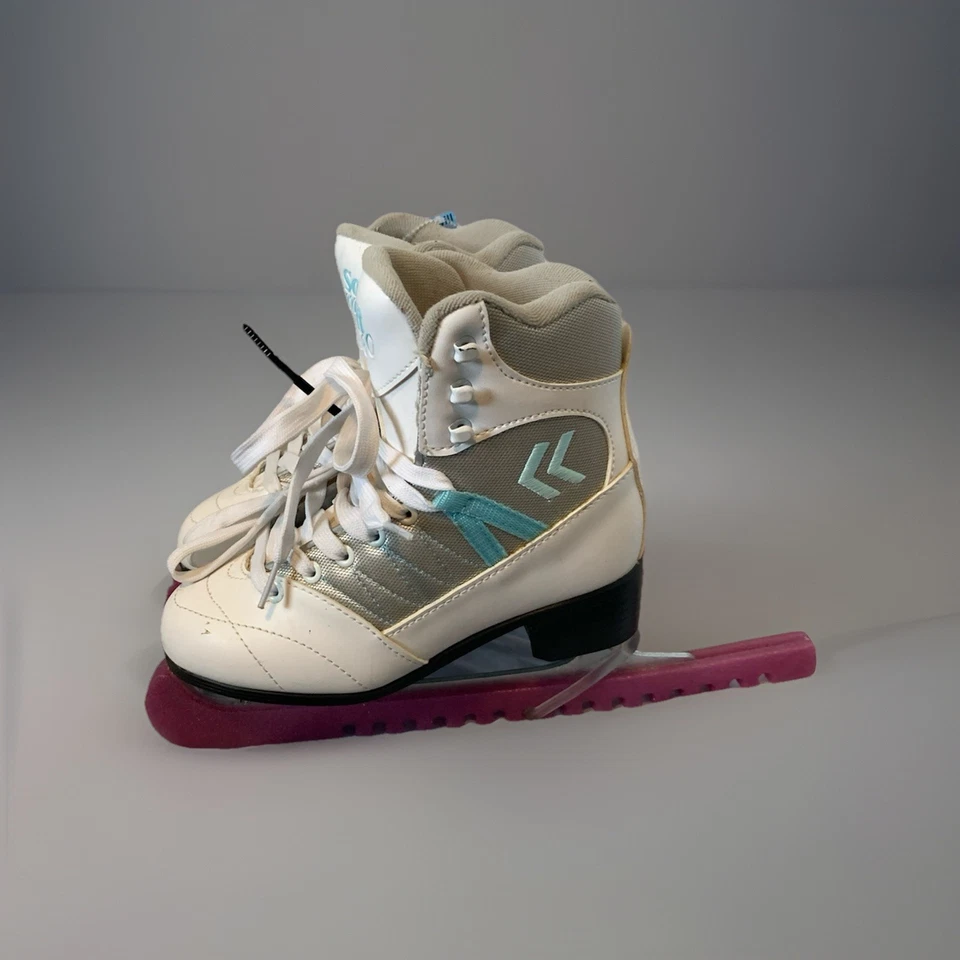 Patines de hielo suaves camafeo blancos y azules - niñas jóvenes talla 4 - con protectores de cuchillas Foto 2 de 4