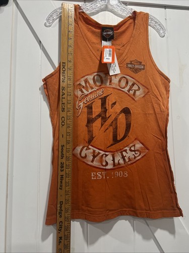 Harley Davidson Orange Womens Tank Top Medium Distressed Motorcycle Double Sided - Picture 7 of 9