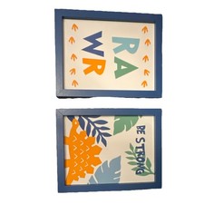 Dinosaur Nursery Wall Hangings Set, Motivational Art, Blue Frames, Multicolor