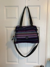 Kipling Striped Black purple Shoulder/Handbag 34x25cm  Monkey Charm vgc 