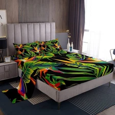 Tropical Palm Tree Bed Sheet Set Black Background Queen Size,Watercolor Flowe...