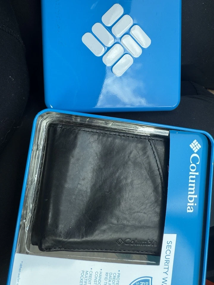 NUEVA Cartera Columbia Extra Capacidad Delgada Cuero Genuino Negra Doble Plegable Regalo Foto 3 de 4