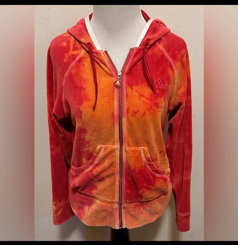 Vintage Adidas Women’s Y2K Orange and Yellow Tie Dye Velour Tracksuit Sz Medium - Picture 3 of 8