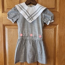 Vtg 80s Girls Size 6 Small Plaid Dropped Waist Dress Big Collar Schoolgirl