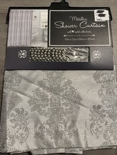 NEW 13 pc Fabric Metallic SHOWER CURTAIN Gray Silver