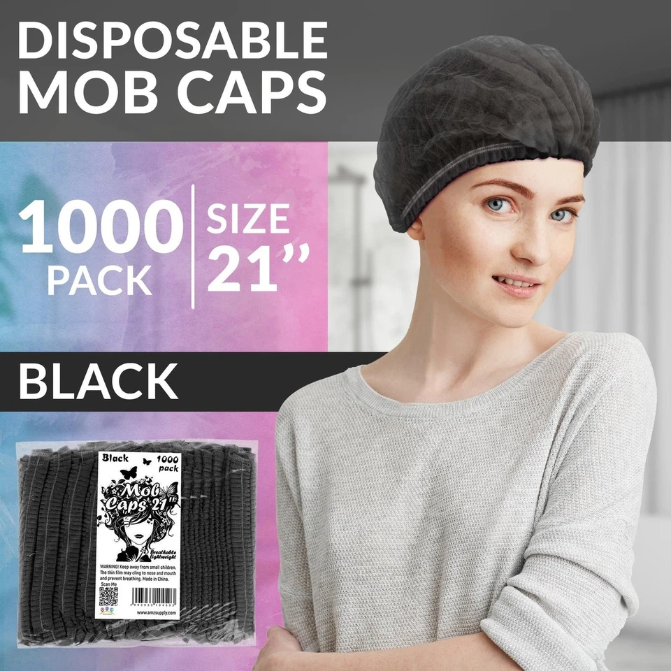 1000ct Black Mob Caps 21" Hair Caps /w Elastic Stretch Band - Image 2 of 4