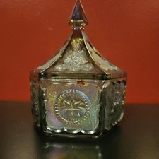 Indiana Glass Iridescent Blue Carnival Covered Candy Dish Tent Lid Eagles Stars