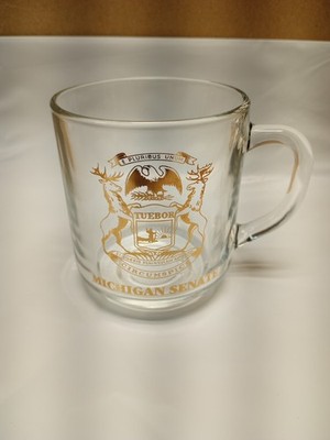 Michigan Senate Coffee Mug Cup Clear Glass Gold Colored Print State Crest