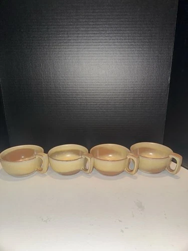 4 Vintage Frankoma 4SC Pottery Soup Mugs Bowls Square Handles Plainsman Gold EUC