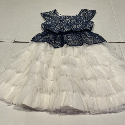 Jona Michelle Size 8 Navy Blue White Lace Peplum Tiered Tulle Fancy Party Dress - Picture 9 of 16