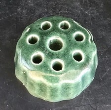 Vintage Round 8-Hole Green Ceramic Flower Frog 2-3/4" Diameter
