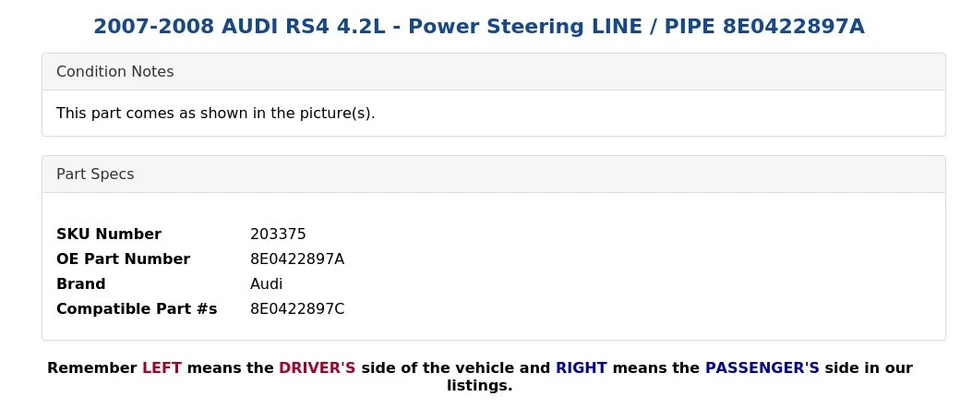 2007-2008 AUDI RS4 4.2L - Power Steering LINE / PIPE 8E0422897A - Imagem 4 de 4