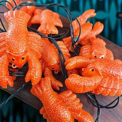 VTG Lobster Blow Mold String Lights Red Nautical Sea Tiki Beach Decor Set of 10