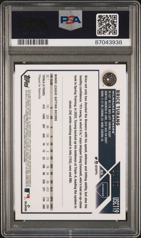 2023 Topps Chrome Update Image Variation SP Brice Turang Gold Speckle /50 PSA 10 - Image 2 of 2