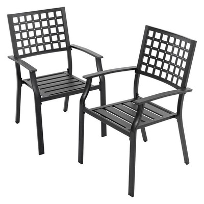 Nuu Garden Dining Chair Metal Frame Slatted Seat Mesh Pattern Back Black (2Pack)