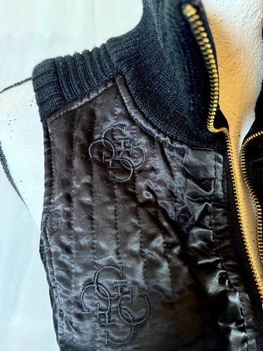 Vintage Guess Jeans Womens S Black Vest Quilted Multi Fabric Sweater High Collar - Picture 5 of 9