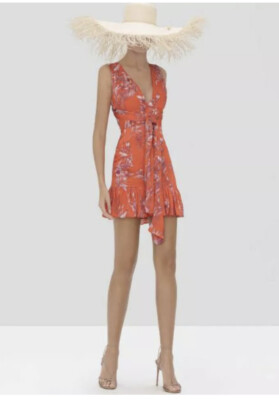 ALEXIS Sleeveless Silk Wrap Dress - Small Floral Orange Coral Peek Back NWOT