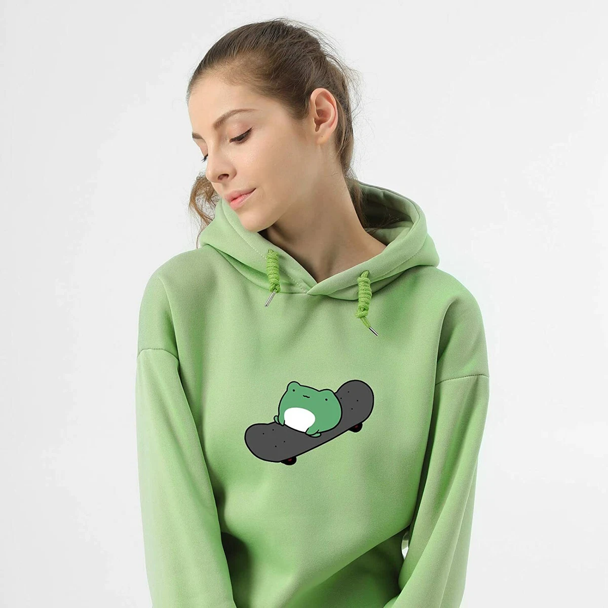 Women s Cute Sweatshirts Skateboarding Frog Long Sleeve Hoodie
