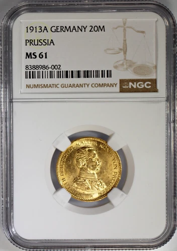 1913 A German States Prussia Gold 20 Mark Military Bust Style NGC MS61