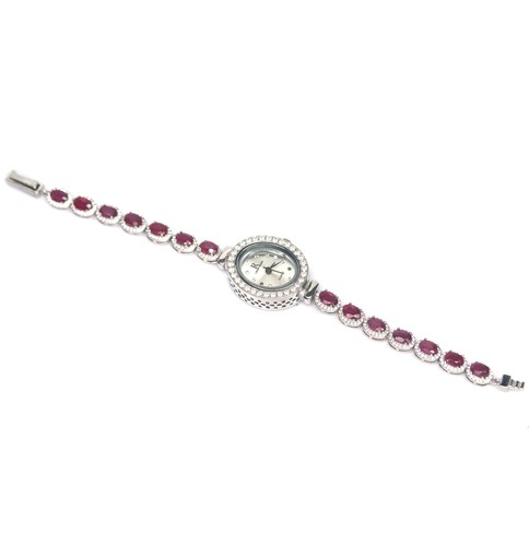 Heated 4 X 6 mm. Red Ruby & Cubic Zirconia Wrish Watch Silver 925 Sterling - Picture 2 of 5
