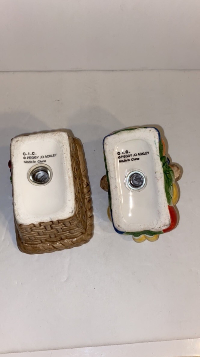 Vintage C.I.C. Peggy Jo Ackley Salt & Pepper Shakers Basket Of Fruit Vegies #11