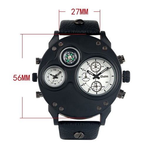 Oulm Men's Watches Black Leather Dual Time Zone Wristwatch Quartz Big Size Watch - Picture 9 of 9