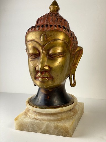 Vintage Tibetan Bronze Bodhisattva Buddha Head on Alabaster Plinth 19th Century - Picture 3 of 15