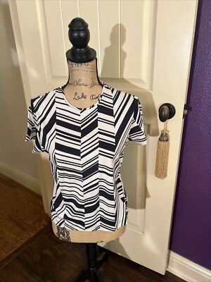 LR Design Revolve Silk Top Dressy Tee Shirt Blouse Black White Modern  M 38  42 