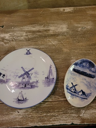 Vintage Prussia Royal Rudolstadt Blue Windmill Plate And Windmill Spoon Display