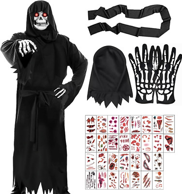 Grim Reaper Kostüm Erwachsene Schwarz Gewand Des Sensenmanns Mit Maske & Skelett