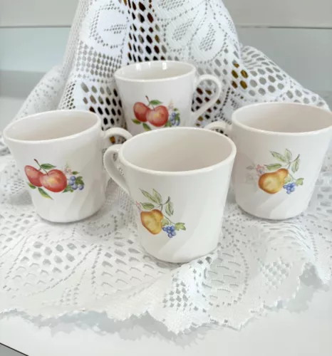 4 Corelle Corning Ware Chutney Coffee Mugs Cups Swirl Fruit Pears Apples Tea Set
